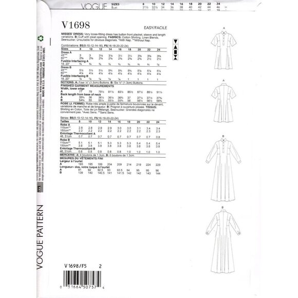 Vogue V1698 Misses 8 to 16 Very Loose Fitting Dress Uncut Sewing Pattern - Picture 2 of 2